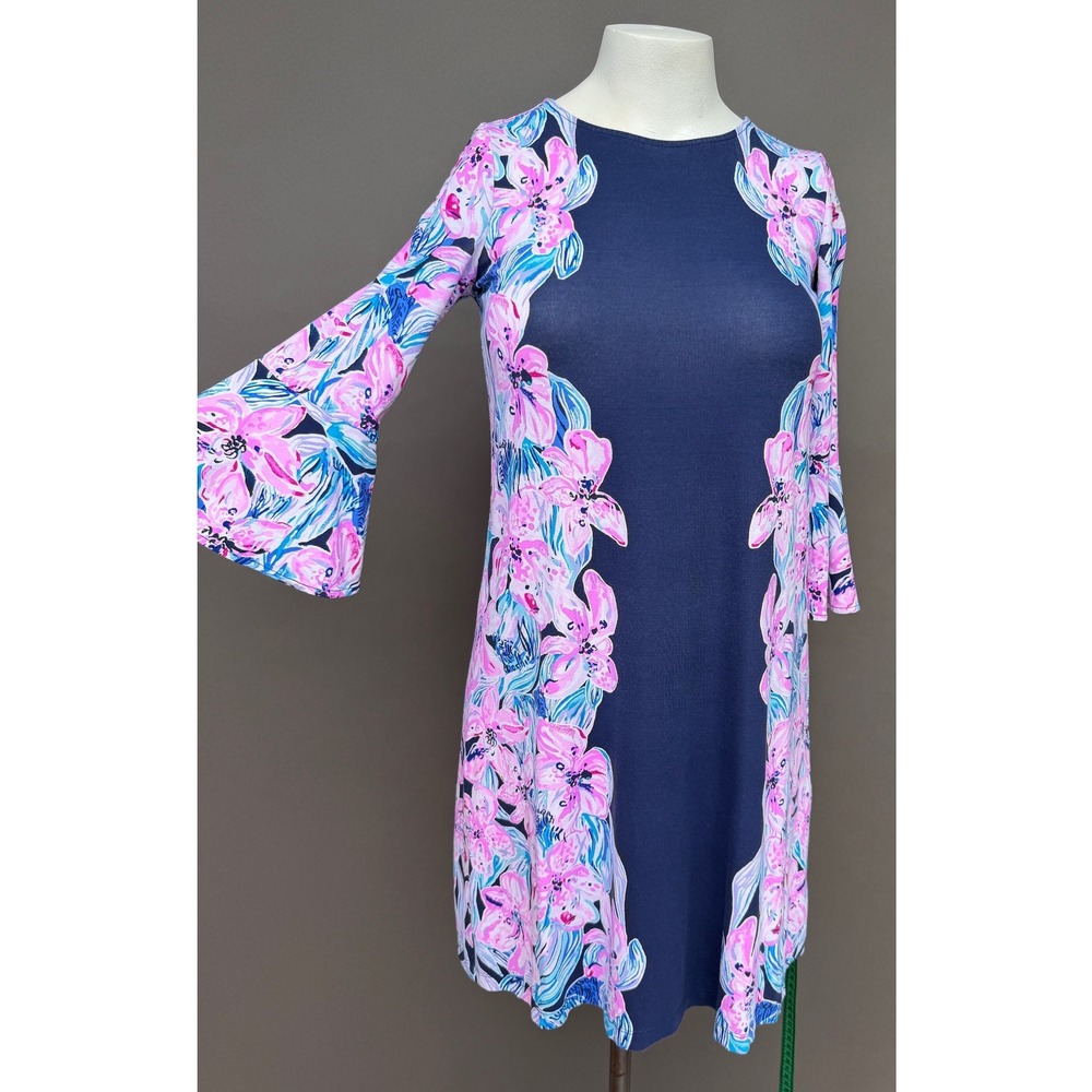 Lilly Pulitzer Hollee Dress Small Navy Pink Floral Bell Sleeve Shift Resort Wear